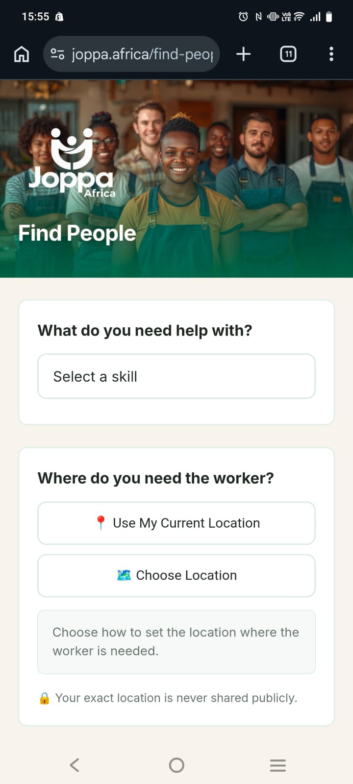 Find People search screen in Joppa Africa