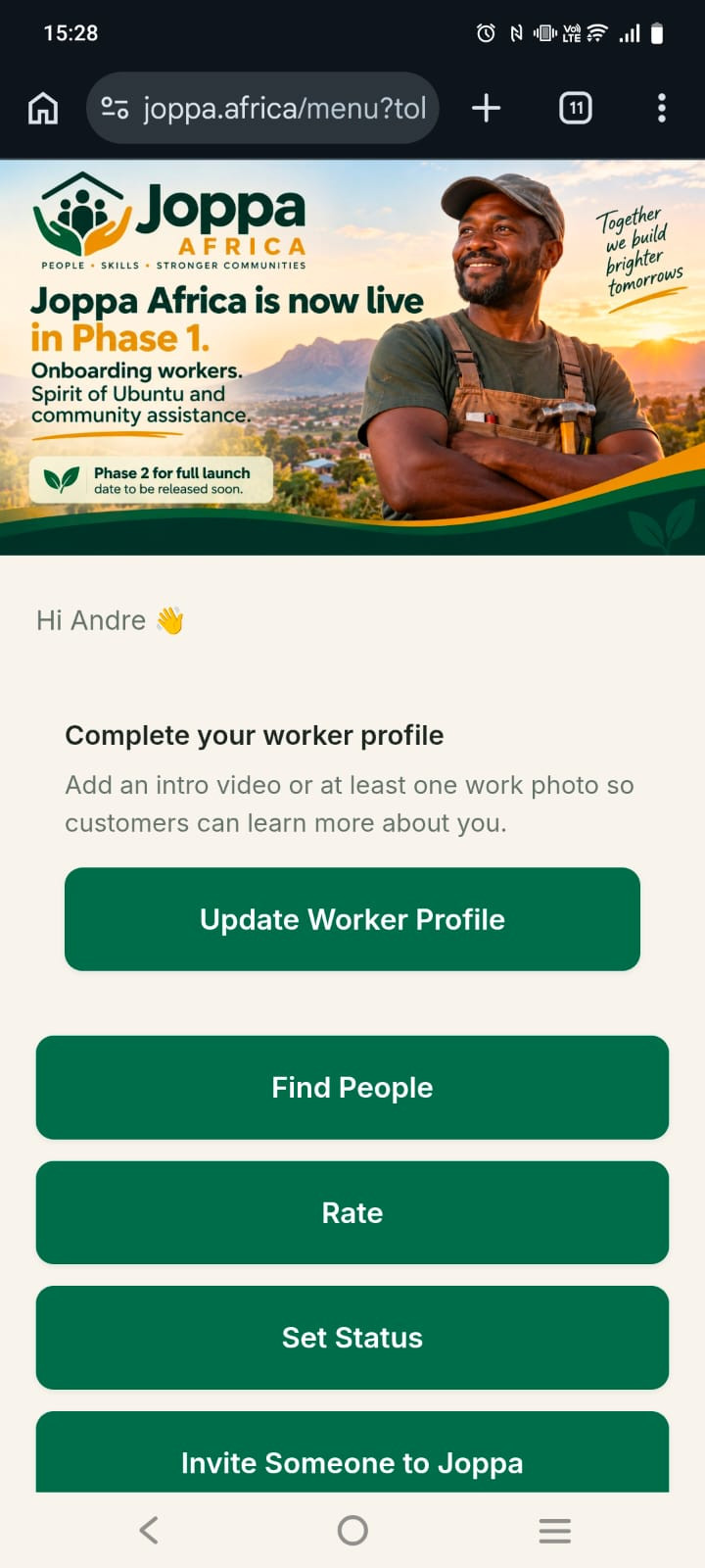 Joppa Africa main menu showing profile setup actions