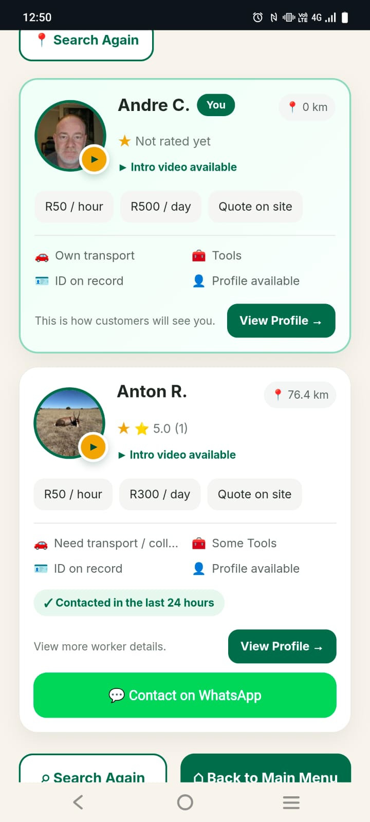 Joppa worker search results showing customer ratings