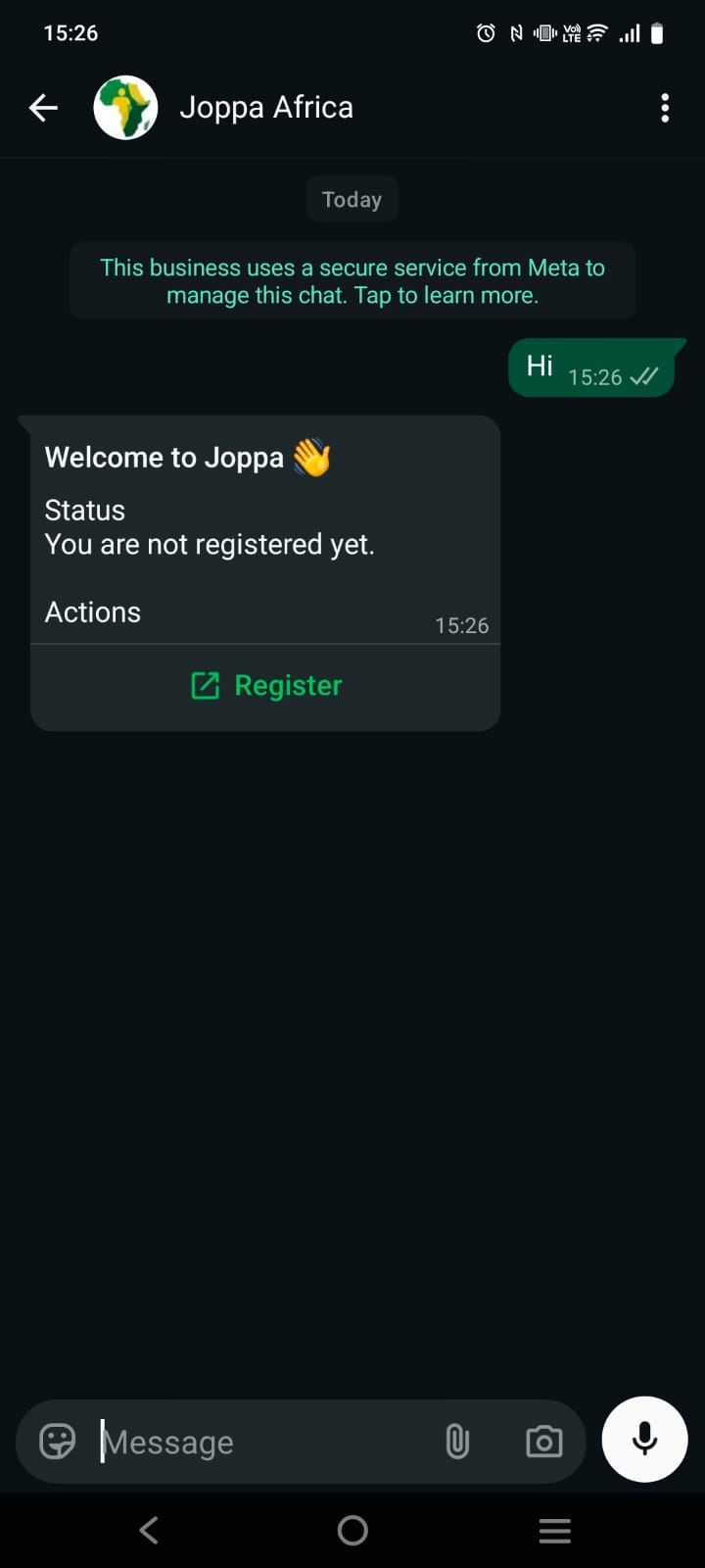 Starting Joppa Africa by sending Hi on WhatsApp